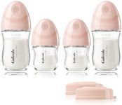 Gulicola Natural Glass Baby Bottles Set 4 Pack, Newborn Girl Breastfeeding Bottles with Slow Flow Nipples, 0 Months+, 3 oz & 5 oz - Pink