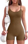 YIOIOIO Women Workout Seamless Jumpsuit Yoga Ribbed Bodycon One Piece Spaghetti Strap Shorts Romper, Brown, Medium