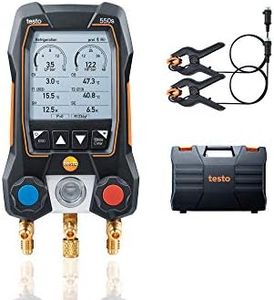 Testo 550s AC Manifold Gauge Set – Manifold Gauges Hvac and Refrigeration – Incl. 2 Wired Temperature Clamp Probes – AC Recharge Kit with superheat, subcooling with Bluetooth