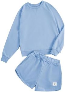 Verdusa Girl's 2 Piece Outfits Long Sleeve Sweatshirt and Shorts Clothing Sets Spring Fall Clothes Light Blue 9 Years