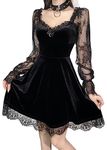 XKBHYD Womens Gothic Velvet Dress Vintage Witchy Dresses Long Sleeve Lolita Fairy Dress Lace Patchwork Punk Grunge Dress