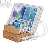 Yisen Wood Bamboo Multi Device Charging Station 5-Port USB Charging Dock for for iPhone, iPad, Universal Phones, Tablets and Other USB-Charged Devices(with 5 USB Charge Cables)