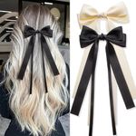 FAMEZA 2 PCS Large Hair Bows Satin Ribbon Bow for Women,bow hair clips,bow clips,hair ribbon bow clip,hair ribbons for women,hair bows for girls,ribbon hair clip(Beige Black)