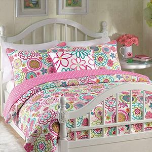 Cozy Line Home Fashions Pink Mariah Queen - 4 Piece Floral Polka Dot Reversible Quilt Bedding Set, Coverlet, Bedspreads for Girls (1 Quilt + 2 Shams + 1 Decorative Pillow)