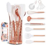 White Silicone & Copper Kitchen Utensils Set with Holder - 17 PC Rose Gold Kitchen Utensils Set Includes White & Copper Measuring Cups and Spoons & Copper Utensil Holder - Copper Kitchen Accessories