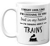 Steam Train Gifts for Men - In My Head I'm Thinking About Trains Mug - Funny Gifts for Train Spotting Enthusiasts, Train Spotter Gifts, 11oz Ceramic Dishwasher Safe Premium Mugs Novelty Train Cup