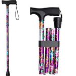 iCatchy Walking Flexible Stick, Easy Adjustable Height Folding Extendable Walking Aid Mobility Aid Collapsible Walking Stick for Unisex UKCA Approved (Purple Flower)