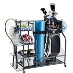 VEVOR Golf Storage Garage Organizer, 2 Golf Bag Stand Holder and Other Sports Equipment Storage Rack, Rolling Ball Cart on Wheels, Outdoor Sport Gear and Toy Storage with Baskets & Hooks, Steel, Black