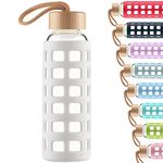 Cleesmil Sports Glass Water Bottle with Silicone Sleeve with Bamboo Lid BPA Free 360 ml (White)