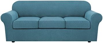 H.VERSAILTEX 4 Piece Stretch Sofa Covers for 3 Cushion Couch Covers for Living Room Furniture Slipcovers (Base Cover Plus 3 Seat Cushion Covers) Upgraded Thicker Jacquard Fabric (Sofa, Storm Blue)