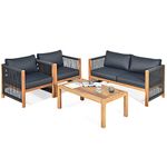 Tangkula Outdoor Wood Furniture Set, Acacia Frame Loveseat Sofa, 2 Single Chairs and Coffee Table, 4 Pieces Conversation Set with Cushions, Garden Balcony Poolside Living (1, Grey)