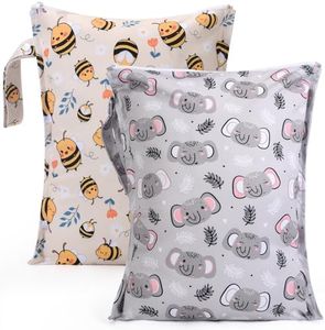 Eaxin 2pcs Baby Diaper Mess-proof Wet Bags,Waterproof Reusable Travel Storage Stroller Daycare Soiled Items Beach Pool Yoga Gym Bag for Wet Toddler Swimsuits -Bee,Elephant