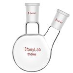 StonyLab Borosilicate Glass 2 Neck Round Bottom Flask RBF, with 24/40 Center and Side Standard Taper Outer Joint - 250ml