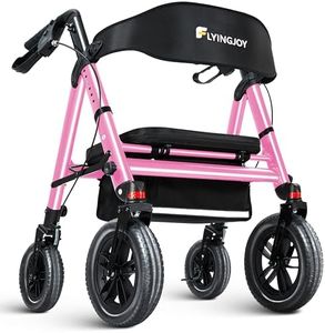FlyingJoy Rollator Walker with Seat,12" Front Wheels 10" Rear Rolling Walker, Extra-Wide Heavy-Duty Rollator Walker with Seat and Brakes for Seniors and Adults Bariatric with Large Aluminum (Pink)