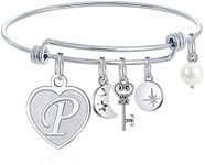 Charm Bracelets for Women Silver Heart - P Initial Charm Bracelets Stainless Steel Heart Moon Charm 26 Letters Alphabet Bracelet Jewelry Birthday Gifts for Adult Women Sister Friend Teen Girls
