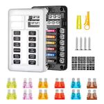 Rovtop 12 Way Blade Fuse Box, 12V/24V/32V Fuse Box with Negative Bus,with LED Indicator and Protective Cover, for Car Automotive, Boat, Truck Marine, SUV (Standard Blade Fuse), black