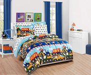 Fancy Linen Boys Comforter and Sheet Set Construction Zone Public Work Excavator Dumb Trucks Front and Backhoe Loader Tractors Light Blue Red Yellow Dark Blue New # Construction (Twin)