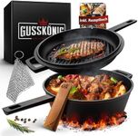 GUSSKÖNIG Dutch Oven - 2-in-1 Burnt Cast Iron Pot 4.8 L & Cast Pan 1.8 L - Dutch Oven Set with Dutch Oven Double Function - Includes Cookbook & Accessories for BBQ, Camping & Kitchen