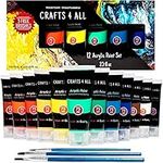 Crafts 4 All Large Acrylic Paint Set - 12 Vibrant Colors in 75ml Tubes w/ 3 Bonus Brushes - Professional Art Supplies for Painting on Paper, Canvas, Clay, Fabric, Wood & Ceramics