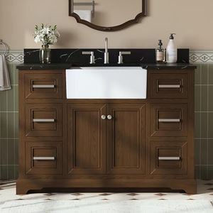 48 Inch Bathroom Vanity with Sink, Fully-Assembled Vanity with Quartz Countertop, Solid Wood Sink Cabinet with Soft Closing Doors & Dovetail Drawers, Single Sink Classic Bathroom Vanity, Dark Brown