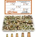 ISPINNER 150pcs #8-32, 10-24, 1/4"-20, 5/16"-18, 3/8"-16 Zinc Plated Carbon Steel UNC Rivet Nuts, Flat Head Threaded Insert Assortment Kit