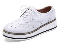 DADAWEN Women's Platform Lace-Up Wingtips Square Toe Oxfords Shoe, White Leather, 7.5