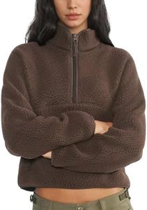 Keeliya Womens Fleece Sweatshirts Cropped Half Zip Fuzzy Warm Sherpa Pullover Varsity Jackets with Zipper Pockets(Brown,S)