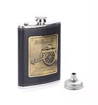 Menzy Urban Highs Stainless Steel and Stitched Leather Hip Flask 8 oz (230 Ml), Iconic England Design Wine Whiskey Vodka Alcohol Drinks Pocket Bottle with Funnel Bar Set for Men Women