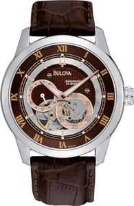 Bulova Automatic 96A120 - Montre-bracelet de créateur - pour homme - à remontage automatique - bracelet en cuir - cadran marron/rose doré