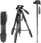 NEEWER Portable Camera Tripod for Travel Vlogging Recording, Aluminum Alloy 2 in 1 Tripod Monopod Max. 70" with 3 Way Swivel Pan Head and Carrying Bag for DSLR, DV Video Camcorder (SAB264, Black)