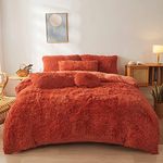 Fluffy Orange Comforter Cover Set Queen - Ultra Soft Plush Burnt Orange Bedding Sets 3 Pieces (1 Faux Fur Duvet Cover + 2 Faux Fur Pillow case) Boho Orange Queen Bed Sets (Dark Orange, Queen)