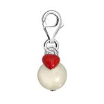 Quiges 925 Sterling Silver White Imitation Pearl with Red Enamel Heart Lobster Clasp Charm Clip on Pendant