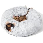 ZVBEK Cat Tunnel with Cat Bed for Indoor Cats, Soft Plush Peekaboo Cat Cave Donut Tunnel, Multifunctional Cat Playground Toys Hideplace for Small Medium Large Cats, Kittens, Rabbit, Ferret (Grey)