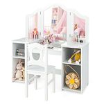 INFANS Kids Vanity, 2 in 1 Princess Makeup Desk & Chair Set with Tri-Folding Detachable Mirror, Storage Shelves, Wooden Dressing Table,Pretend Play Vanity Set for Girls