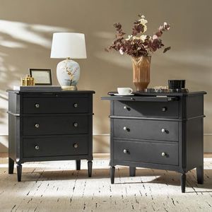 HULALA HOME 30 Inches Side Table with Charging Station, Set of 2, Black