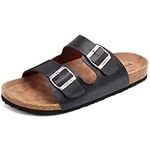 ONCAI Mens Sandals,Beach Arch Support Slides Cork Footbed Slippers with Adjustable Buckle Straps Black Size 9