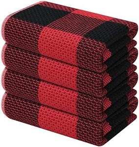 Mordimy 100% Cotton Waffle Weave Kitchen Towels, 13 x 28 Inches, Super Soft and Absorbent Buffalo Check Dish Towels for Drying Dishes, 4-Pack, Black & Red