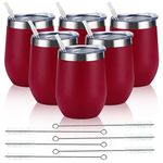 6 Pack Stainless Steel Wine Tumblers, 12Oz Insulated Wine Tumbler, Double Wall Insulated Wine Glass, Stainless Steel Stemless Wine Cups with Lids for Coffee, Wine, Cocktails, Champaign, Wine Red