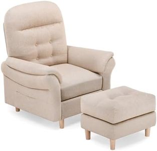 COMHOMA Fauteuil de Relaxation, Fauteuil Inclinable avec Dossier 4 Niveaux Réglable Jusqu'à 160° Manuellement, avec Tabouret Fauteuils Rembourré sac à Ressorts Simple Salon Chambre Cinéma,en Lin Beige