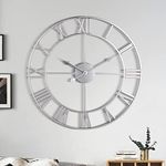 Large Wall Clock, Metal Retro Roman Numeral Clock, Modern Round Silent Wall Clocks, Easy to Read for Living Room/Home/Kitchen/Bedroom/Office/School Decor (Silver, 24 Inch)