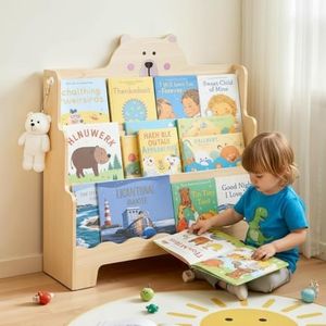 spanspace Wooden Montessori Kids Bookshelf, Scalloped Book Shelf for Kids Rooms, Bear Toddler Bookcase with Handles for Classroom, Playroom, Nursery