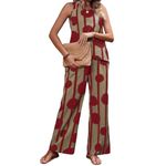 Gufrina Elegant Women's Geometric Print Two-Piece Set, Sleeveless Top, and Wide Leg Pants (Maroon XL)