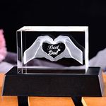 Crystal Birthday Gfits for Dad, Engraved 3D Heart in Hands with Best Dad Paperweight Ornament for Daddy on Christmas, Keepsake Presents for Father's Day from Daughter or Son