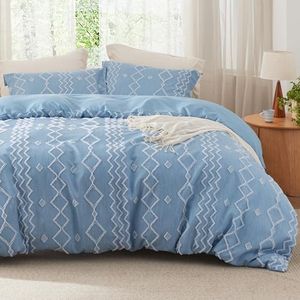 Bedsure Parure de lit 3 pièces avec housse de couette touffetée à teinture cationique, style shabby chic, bohème, pour toutes les saisons (bleu, grand lit, 228,6 x 228,6 cm)