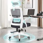 ELFORDSON Home Office Chair with Flip-up Armrests Headrest Footrest, Ergonomic Desk Chair Swivel with Built-in Lumbar Support, Computer Gaming Chair Mesh Chair, White and Black