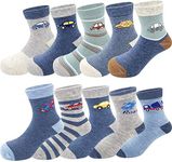 Toddler Kids Little Boys Fashion Cotton Crew Socks 10 Pack, Automobile, 3-5T