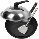 Souped Up Recipes 13.4 Inch Carbon Steel Wok for Electric, Induction and Gas Stoves (Lid, Spatula and User Guide Video Included)