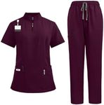 Scrubs for Women Set Casual Solid Medical Uniform Stretch V-Neck Scrub Top & Jogger Pant with Pockets Red S