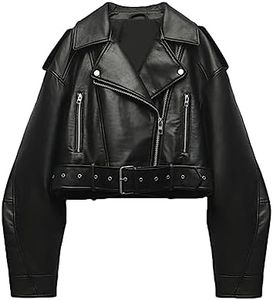 LY VAREY LIN Women Faux Leather Cropped Jacket Lapel Zipper Biker Short Coat with Belt