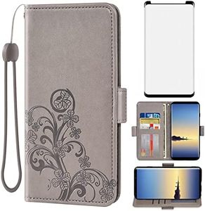 Asuwish Compatible with Samsung Galaxy Note 8 Wallet Case and Tempered Glass Screen Protector Flip Wrist Strap Card Holder Stand Cell Phone Cover for Glaxay Note8 Not S8 Galaxies Gaxaly Women Men Grey